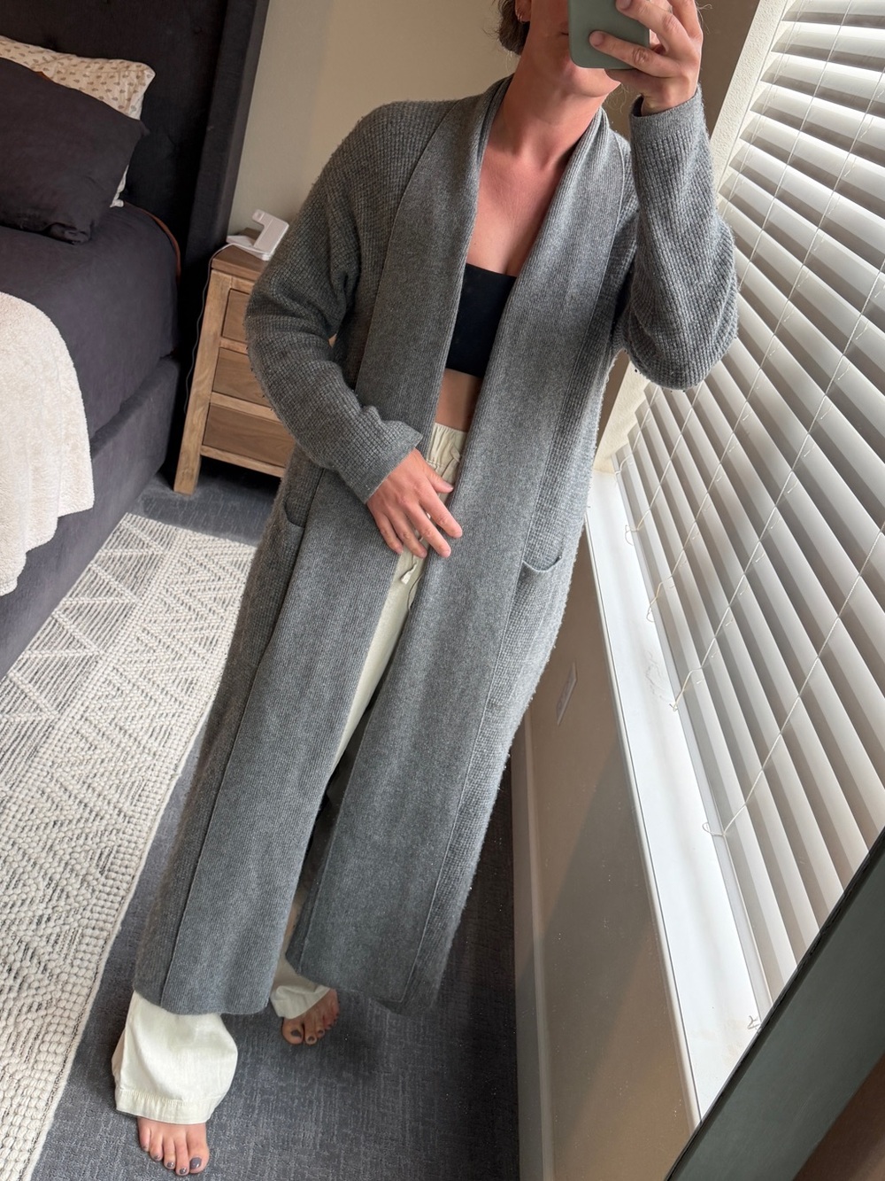 Neiman Marcus 100% Cashmere Collection Gray Longline Open Front Cardigan Pocket